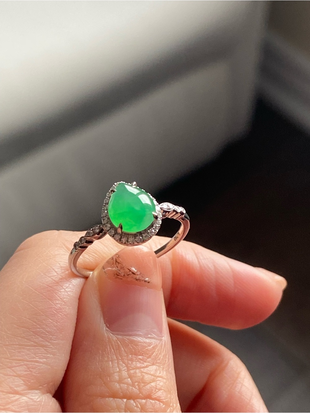 Grade A Untreated Jade White Gold Diamonds Ring size 6.5